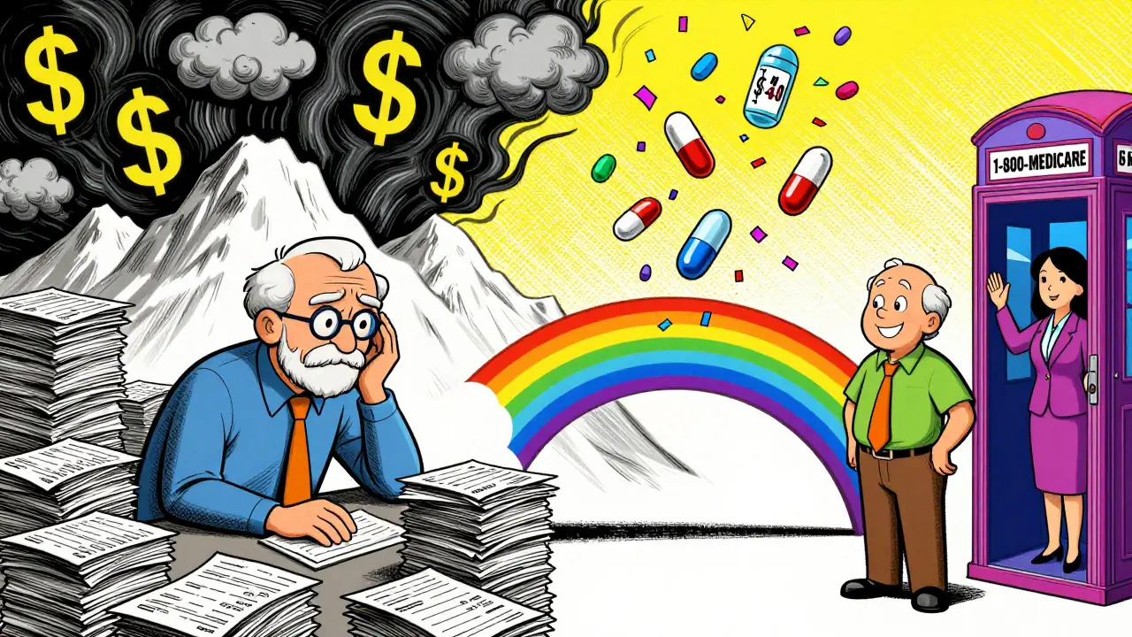 A senior on the left faces overwhelming bills, while on the right, a rainbow bridge leads to pills raining down with .90 tags and a counselor in a phone booth.
