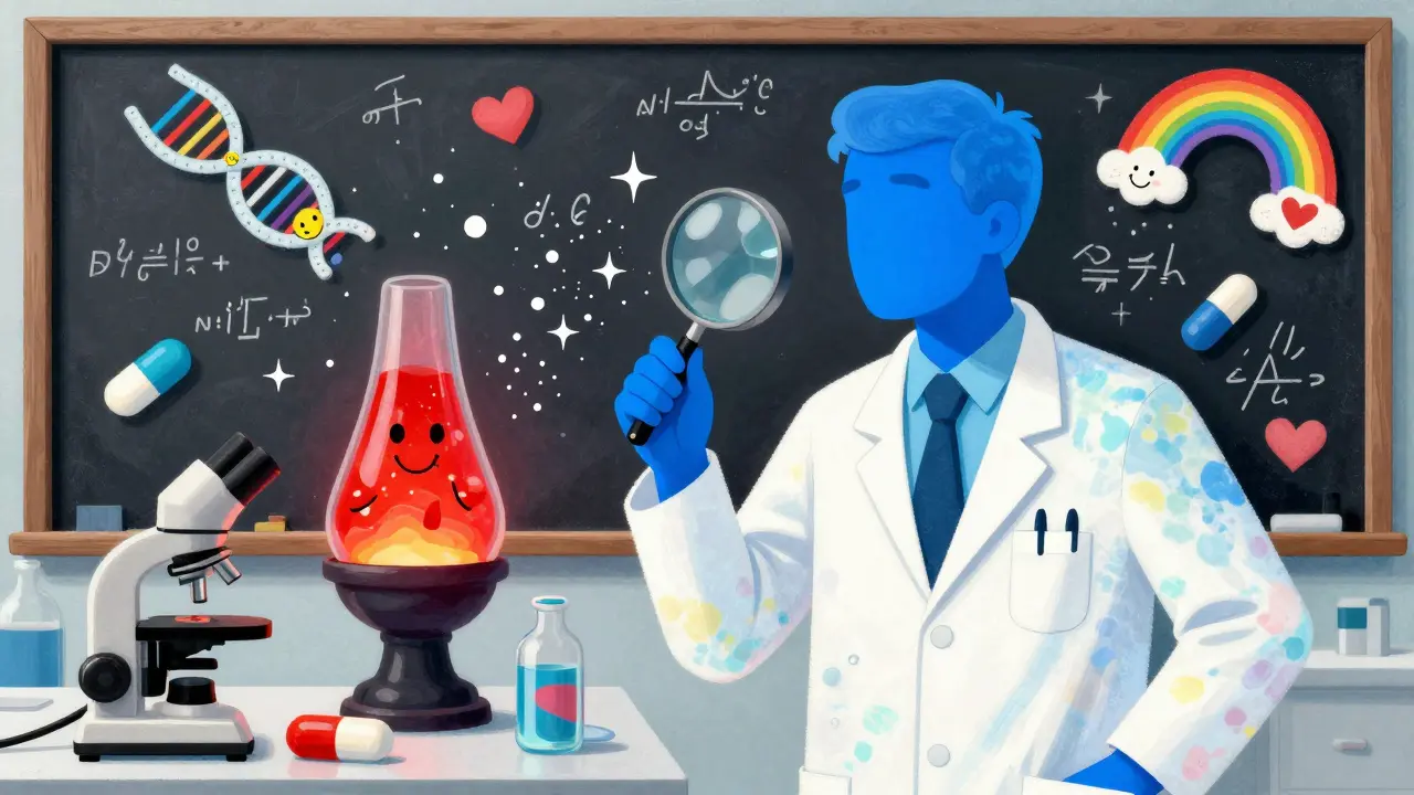 A tie-dye scientist examining a human silhouette showing which medication side effects fade or stick, in Peter Max's vibrant cartoon style.