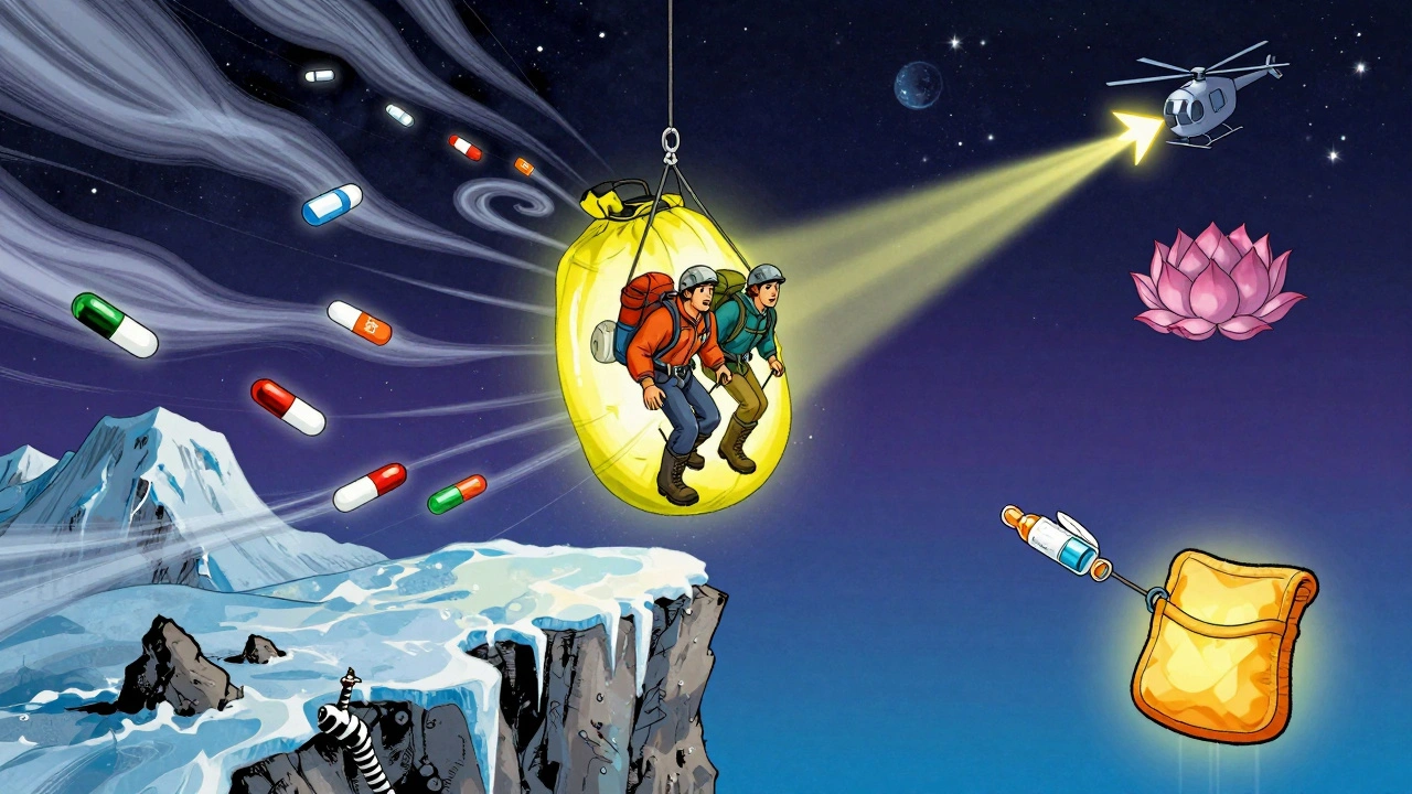 A trekkers in a glowing hyperbaric bag suspended above an icy cliff, with a satellite SOS signal beaming into a starry sky.