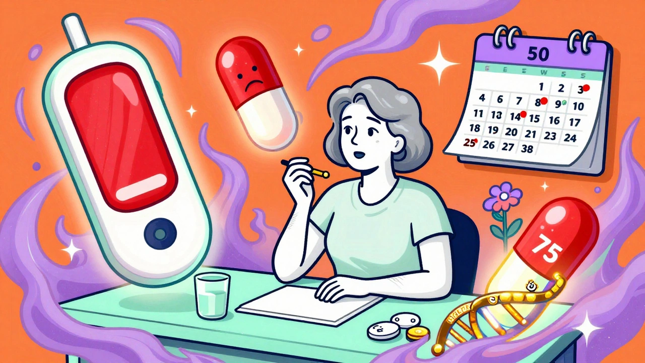 A woman at a table with floating medical symbols and a glowing DNA helix in vibrant hues.