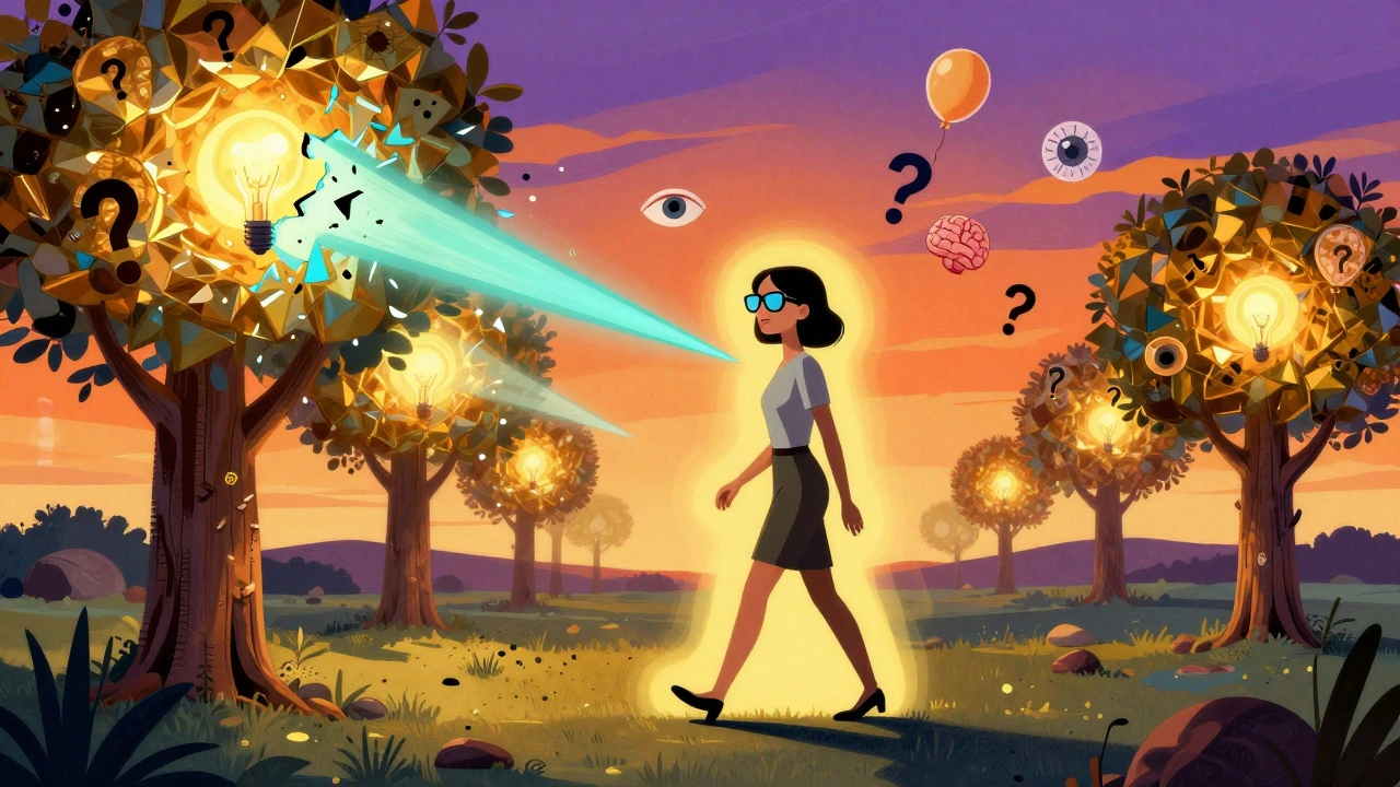 A woman walking calmly through a surreal landscape with safe amber light, shattering harmful blue-green rays.