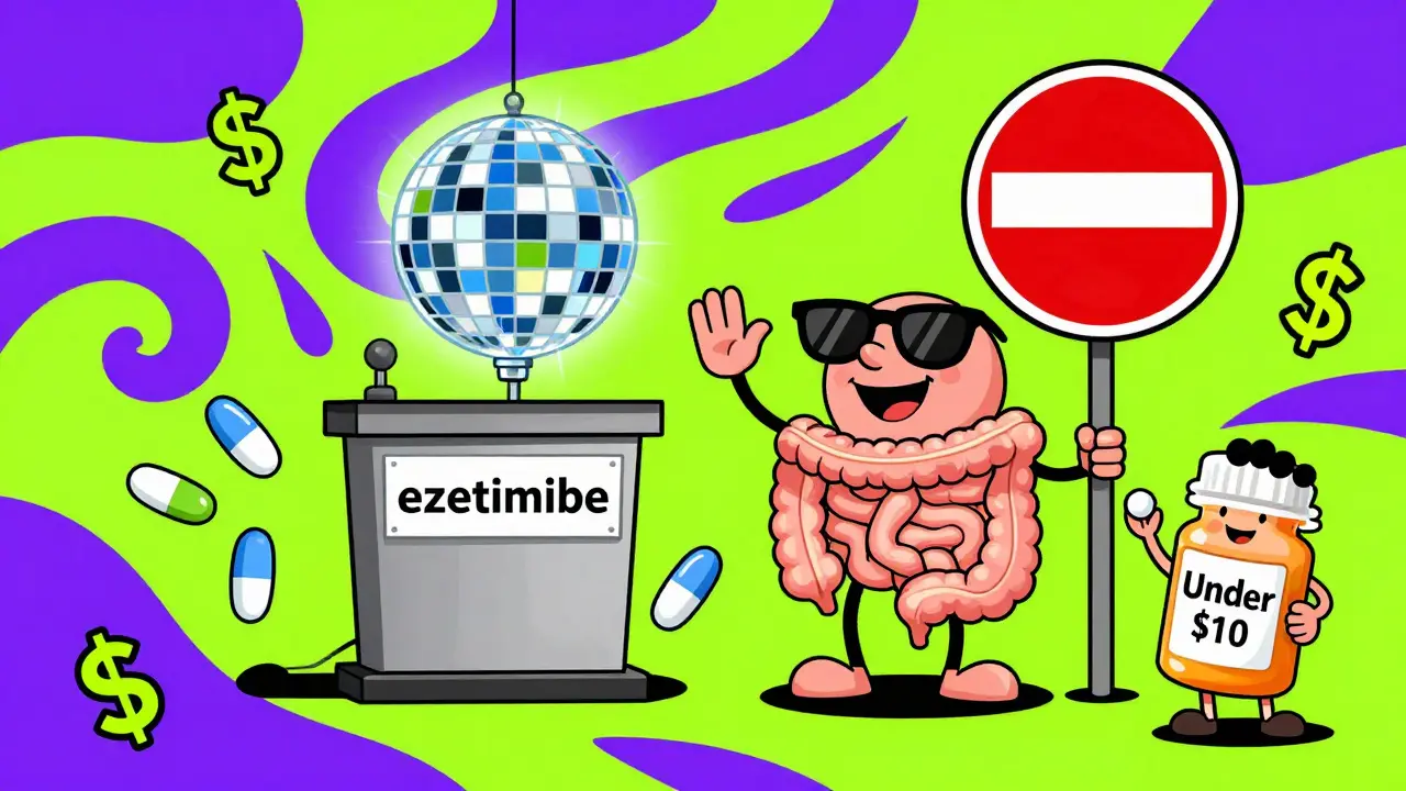 An animated intestine bouncer stops cholesterol particles with ezetimibe disco balls glowing in neon colors.