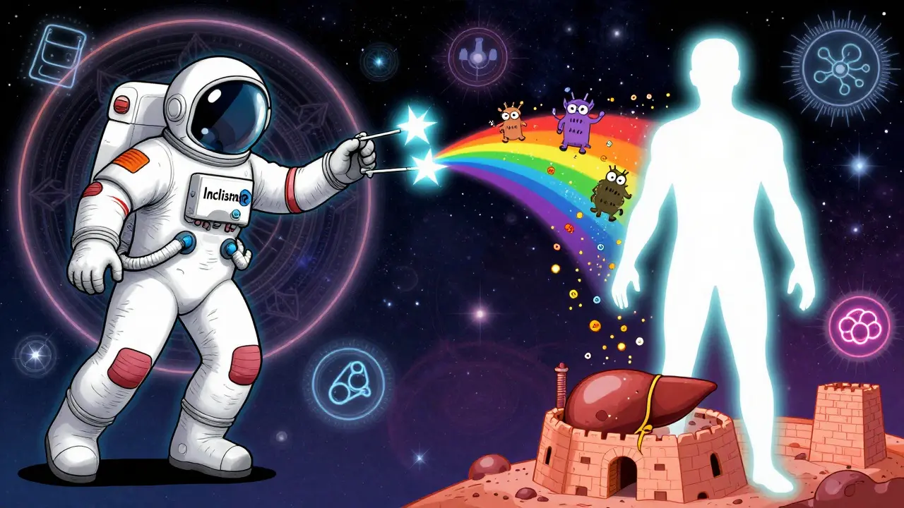 An astronaut fires star-shaped needles into a human silhouette, making cholesterol monsters vanish in rainbow dust.