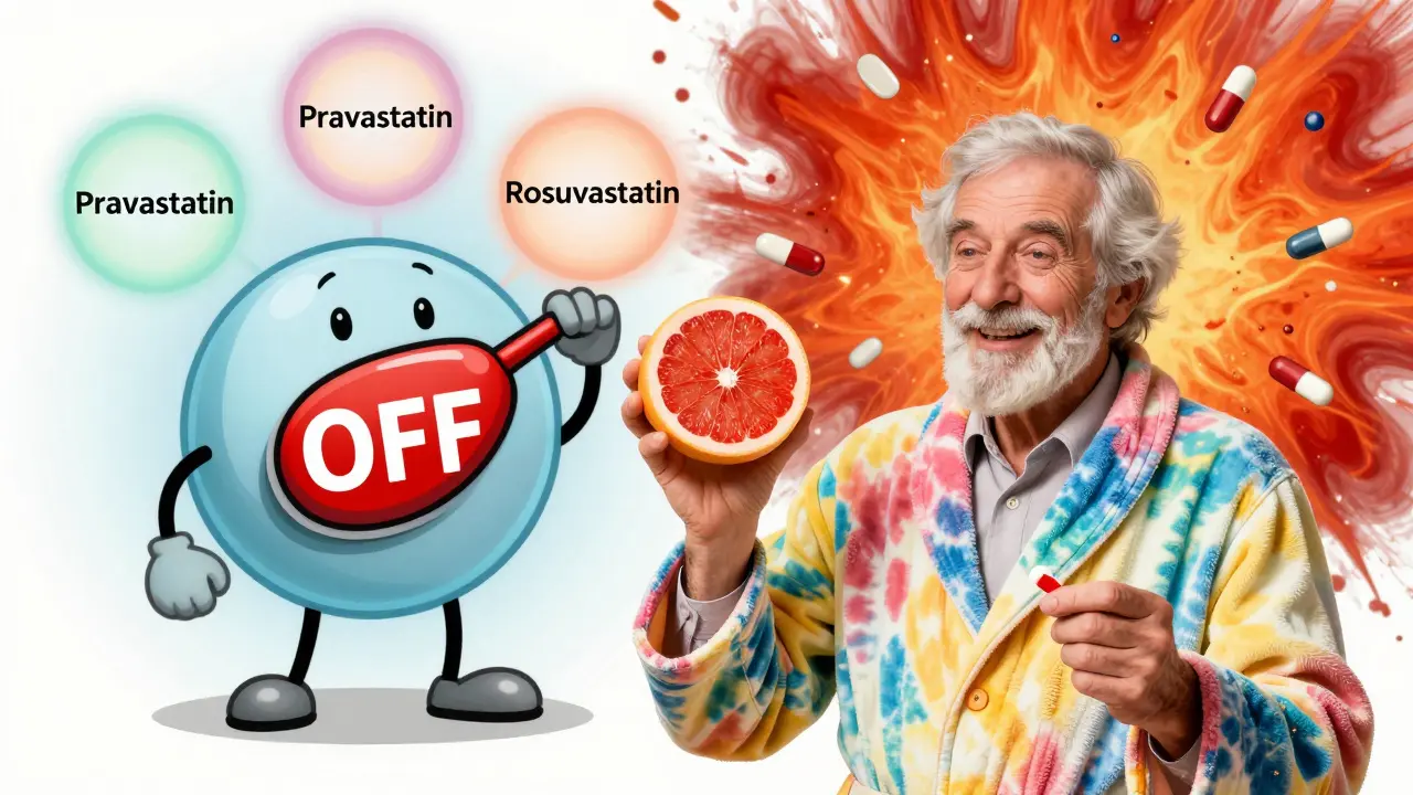 An elderly man holds grapefruit and a statin pill, while an enzyme flips off with colorful sparks.