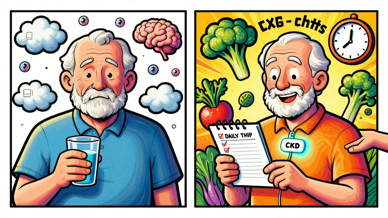 An elderly patient with hyponatremia on one side, and managing it with a logbook and patch on the other.