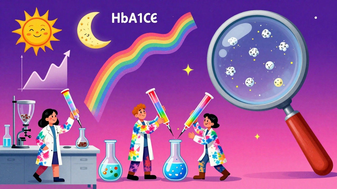 Cheerful lab techs testing reagents with rainbow tools, floating HbA1c graphs, and dancing sugar fireflies.