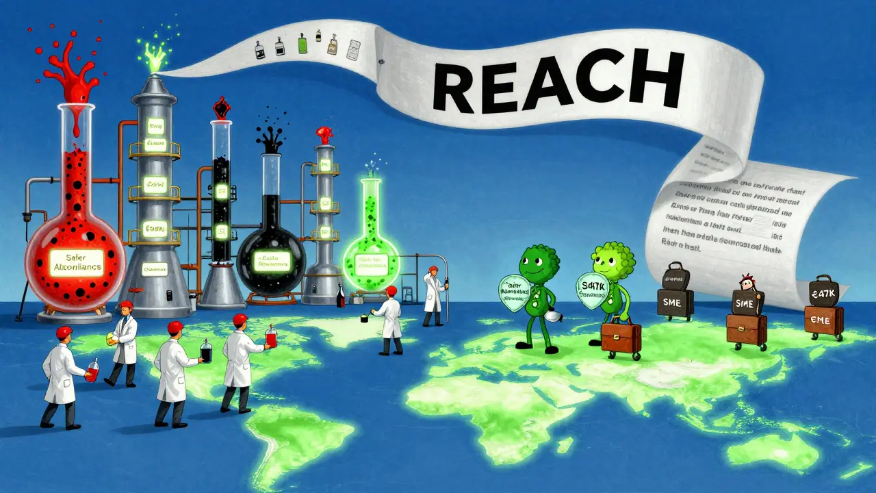Chemical factory transforming toxic substances into safe alternatives under a glowing REACH regulation scroll.