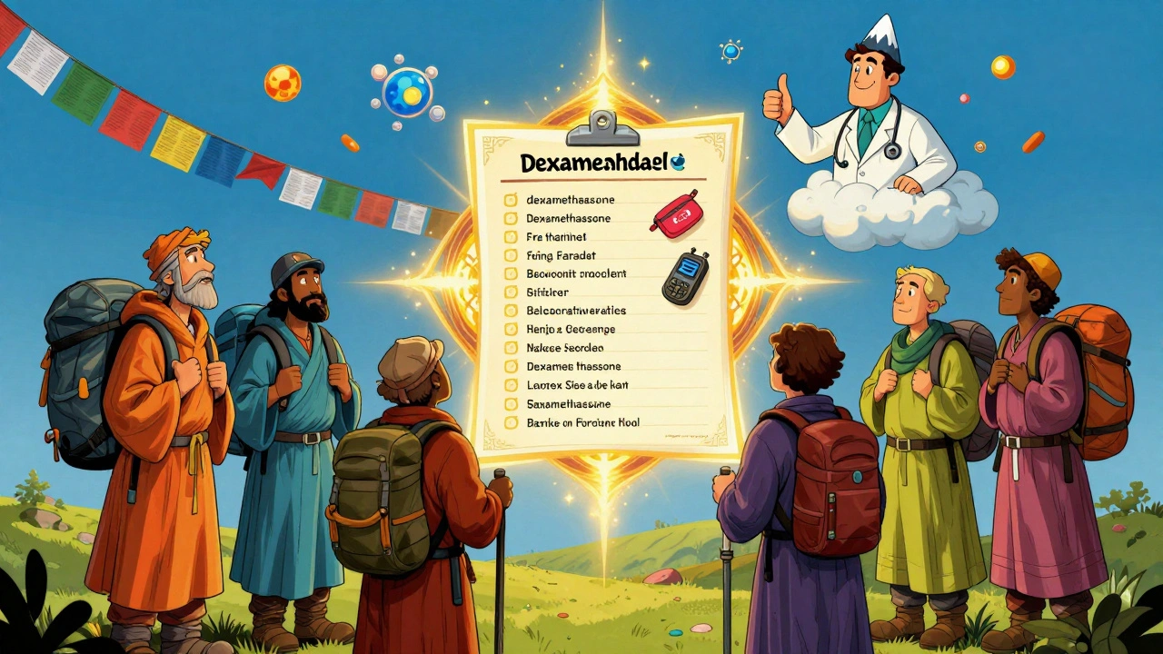 Diverse pilgrims gathered around a floating medical checklist radiating golden light, with a doctor on a cloud above them.