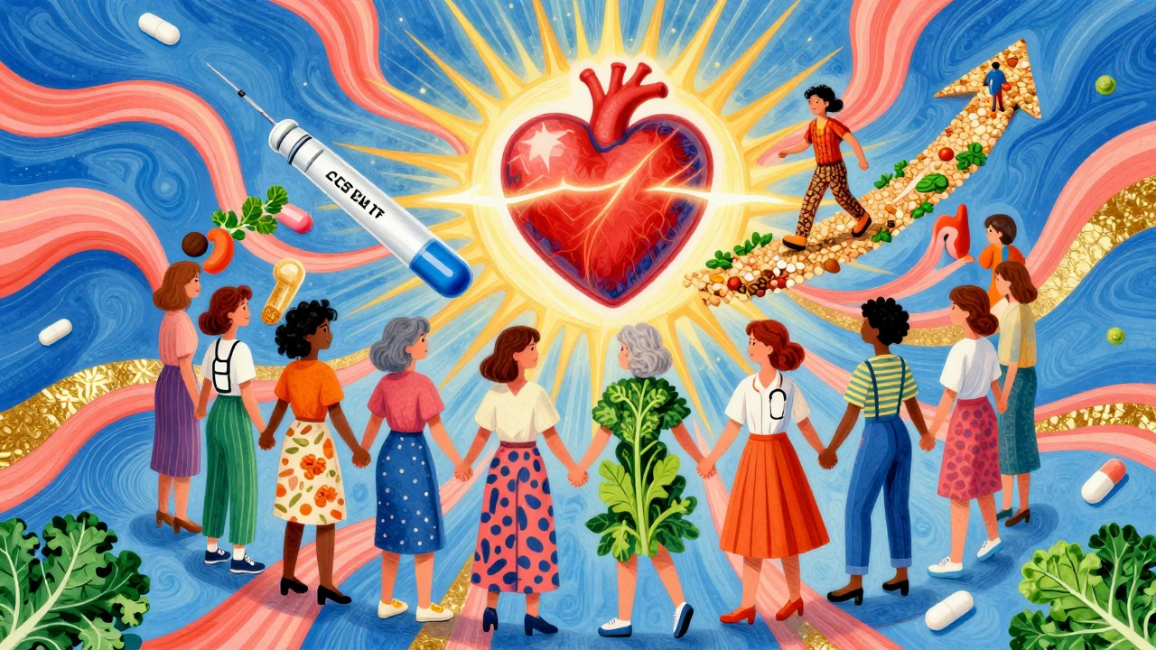 Diverse women holding hands in a circle with medical icons and a pulsing heart in bright patterns.