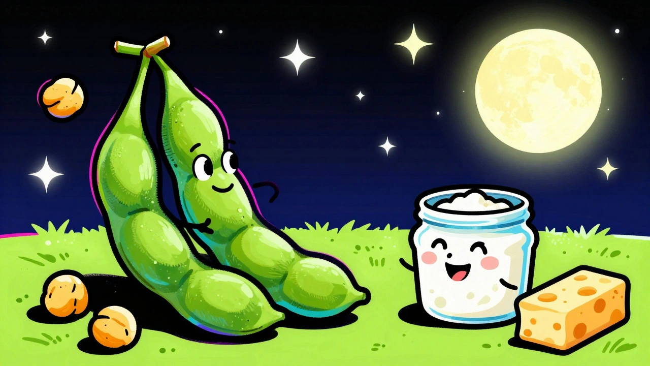 Friendly edamame and cottage cheese pods chatting under a starry sky with neon-colored chickpeas and cheese sticks around them.