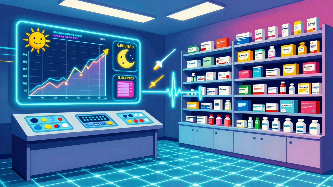 Futuristic pharmacy control room with floating AI icons and glowing data streams tracking generic drug demand trends.