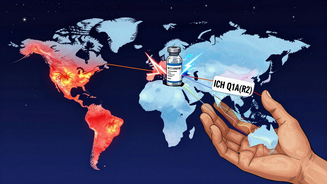 Global map of drug vials with climate zones and mRNA vaccine under lightning, held by ICH Q1A(R2) rainbow threads.