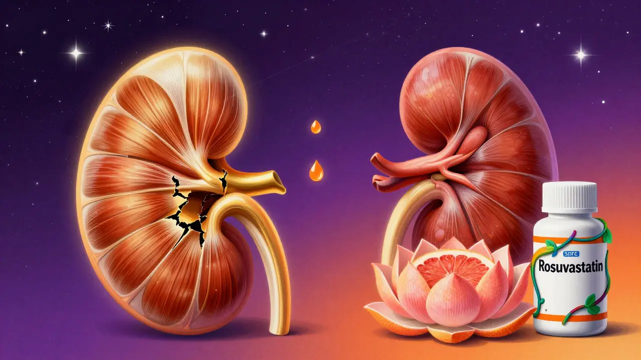 Muscle fibers darken as grapefruit juice falls, while a safe statin bottle rests beside a lotus-shaped kidney.