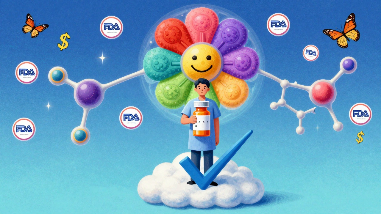 Patient on a cloud holding prescription, surrounded by a kaleidoscopic antibody flower and turning dollar signs into butterflies.