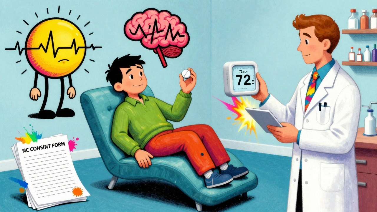 Patient with two versions of themselves beside a pharmacist holding a notification clock in vibrant cartoon style