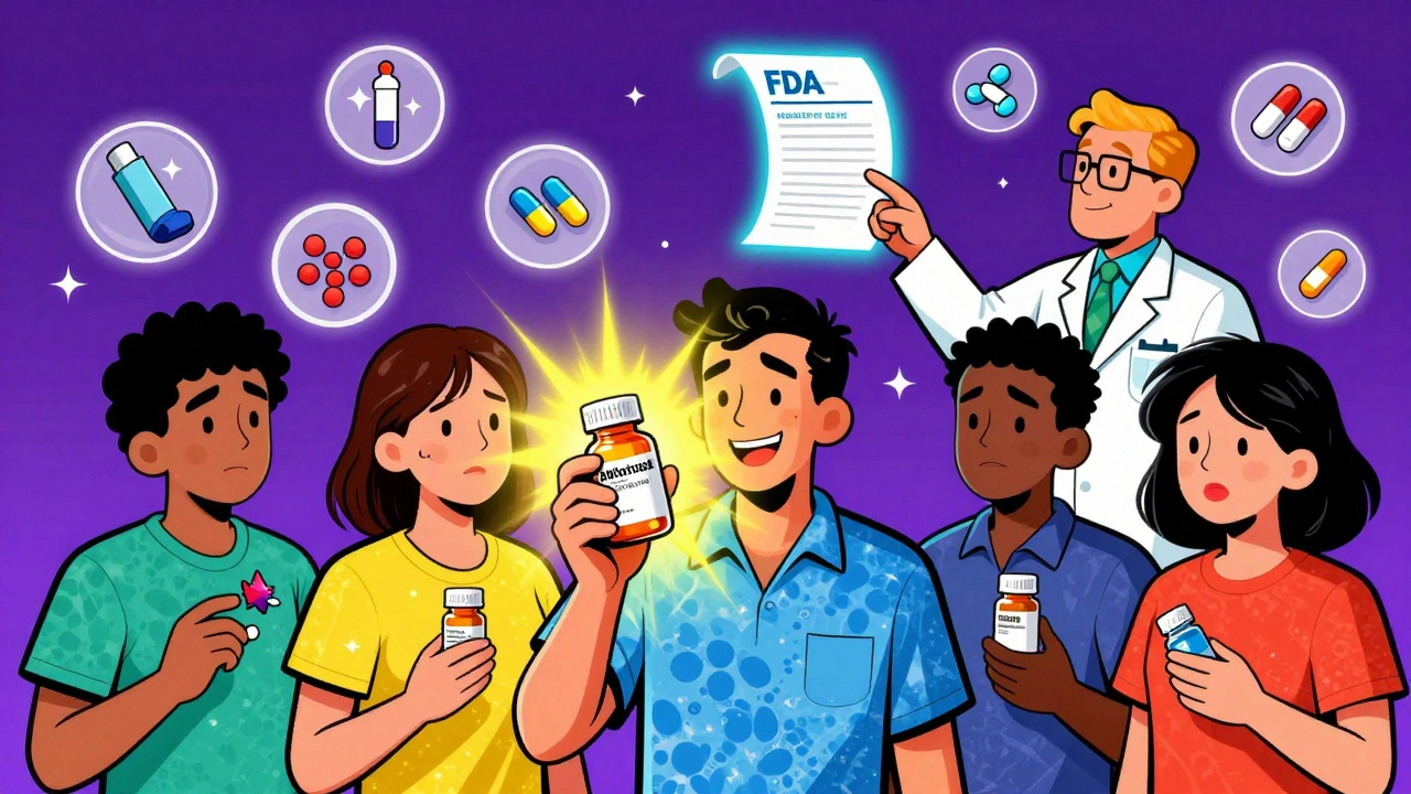 Patients holding pills, one glowing with clarity, another surrounded by static, as a pharmacist points to a floating FDA list.