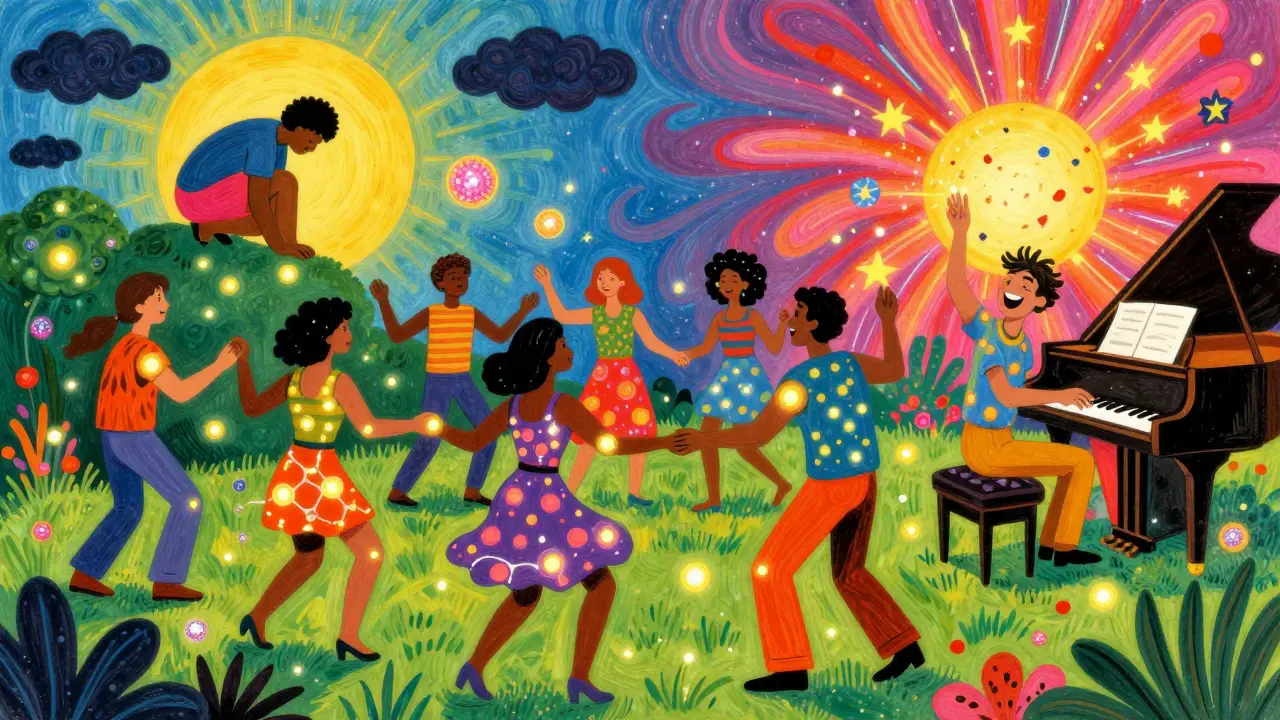 People dancing joyfully as glowing biologic molecules float around them.