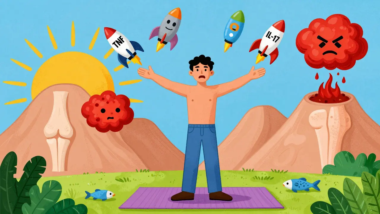 Person surrounded by colorful medication rockets calming inflammation, with healthy lifestyle symbols in a bright sunrise scene.