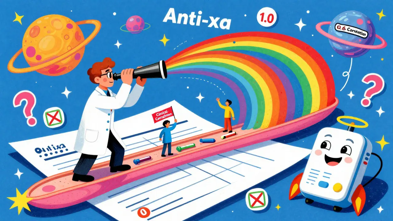 Pharmacists using a rainbow telescope to examine Anti-Xa levels, with floating numbers and clinical correlation flags.