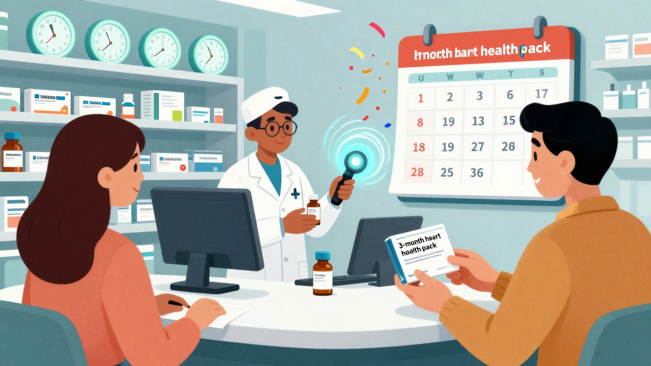 Pharmacy counter with patient receiving bundled expiring generics, technician scanning bottles with glowing energy trails.