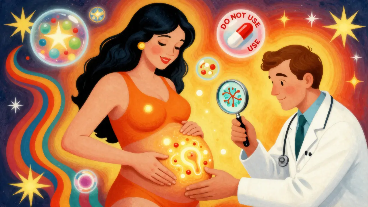 Pregnant woman using safe treatment as boric acid orbs glow nearby, with a forbidden pill in a red bubble, in psychedelic illustration style.