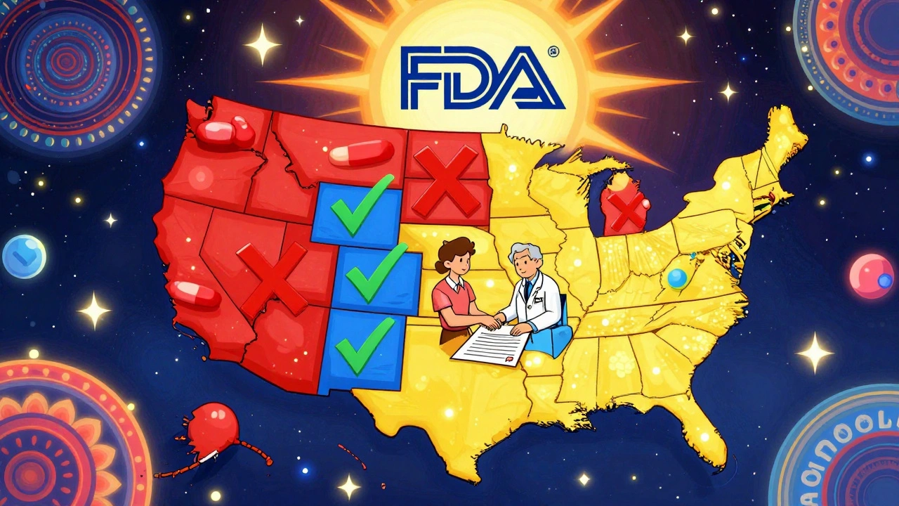 Psychedelic U.S. map showing state-by-state NTI drug substitution rules with glowing icons