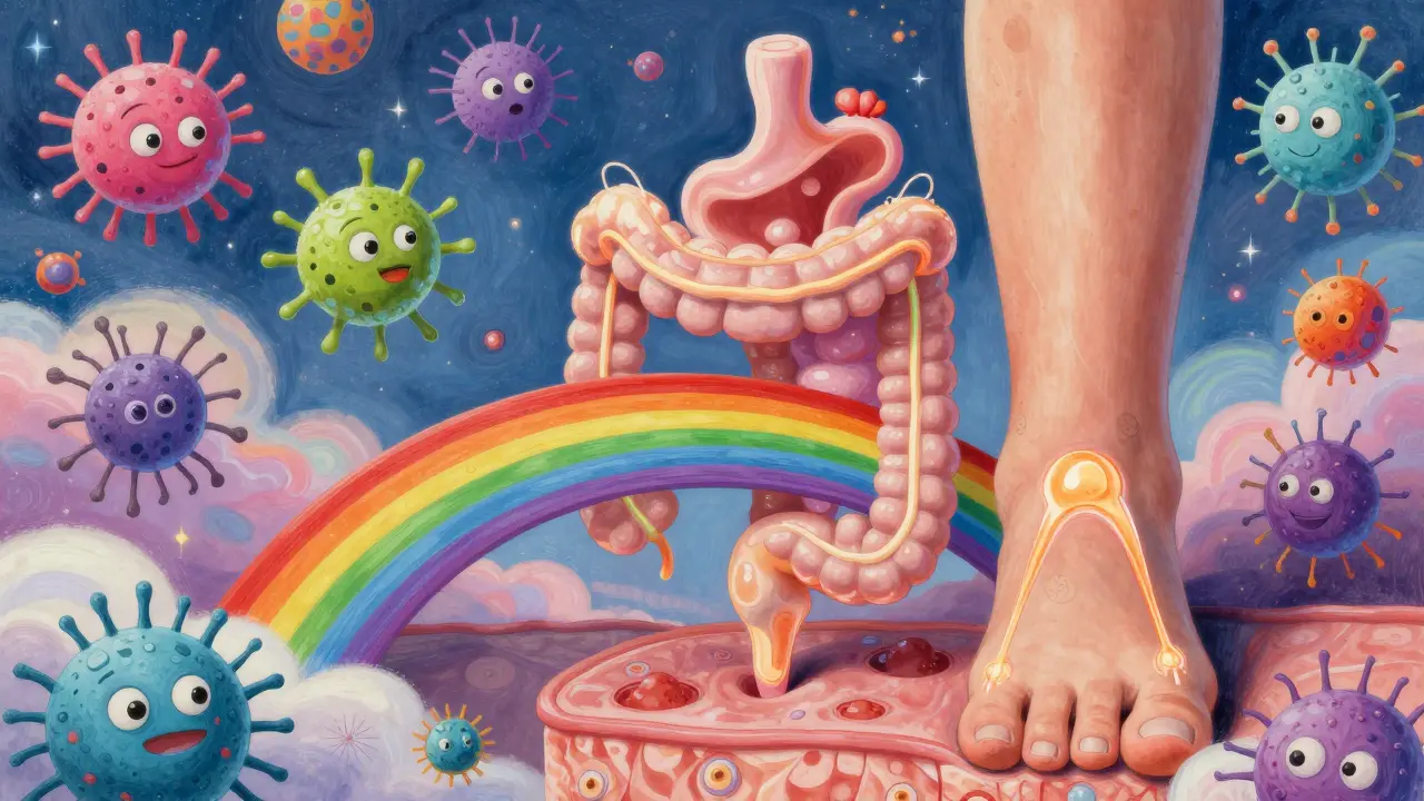 Rainbow bridge linking gut, skin, and joints with psychedelic microbes floating around a person with nail and toe changes.