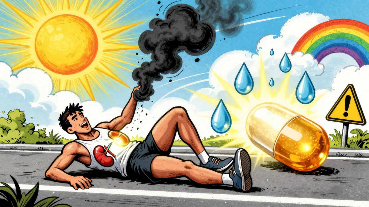 Runner collapses as NSAID turns to smoke, while safer acetaminophen glows nearby in rainbow colors.