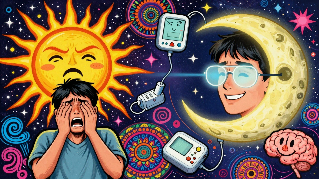 Split scene: left shows pain under a screaming sun, right shows relief under warm moonlight with FL-41 glasses.