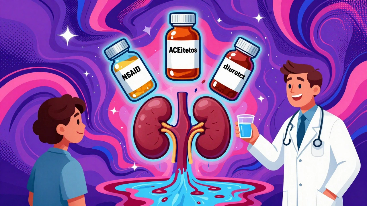 Three drug bottles form a dangerous triangle over a drying kidney in vibrant cosmic illustration.