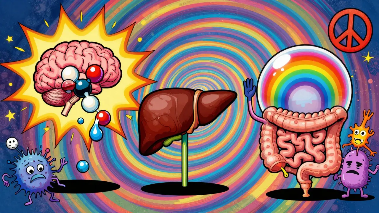 Three drug molecules interacting differently with brain, liver, and gut in a vibrant 1960s-inspired psychedelic scene.