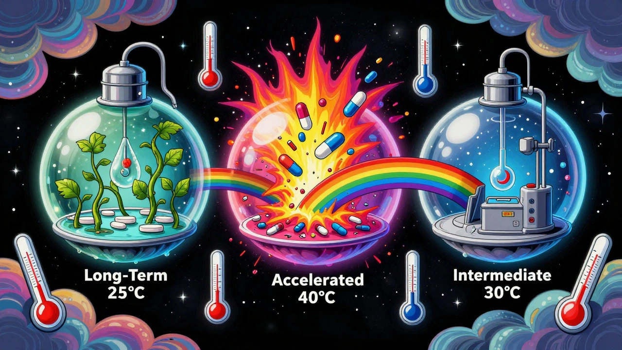 Three floating lab chambers in cosmic colors showing long-term, accelerated, and intermediate stability tests.