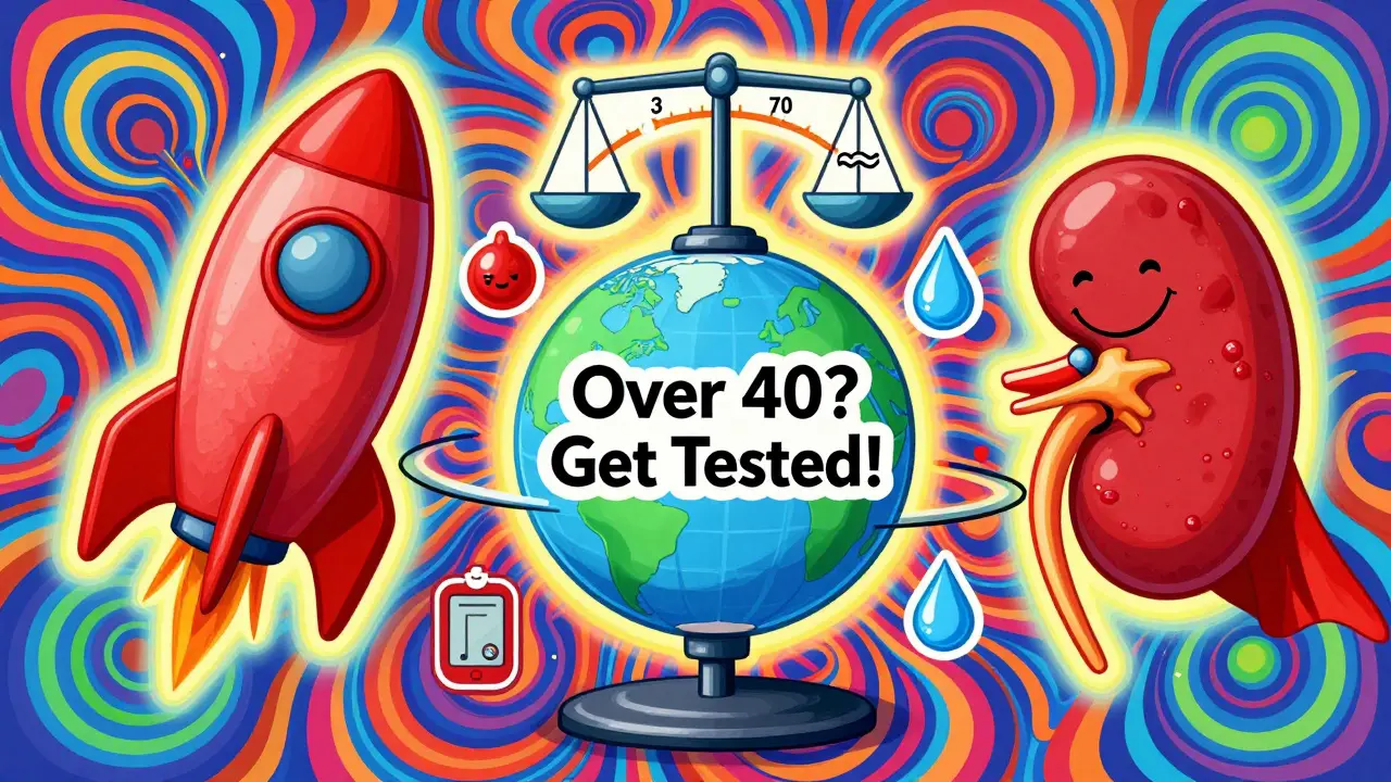 Three symbolic kidney health icons orbiting a globe with diabetes and water icons in psychedelic Peter Max style.