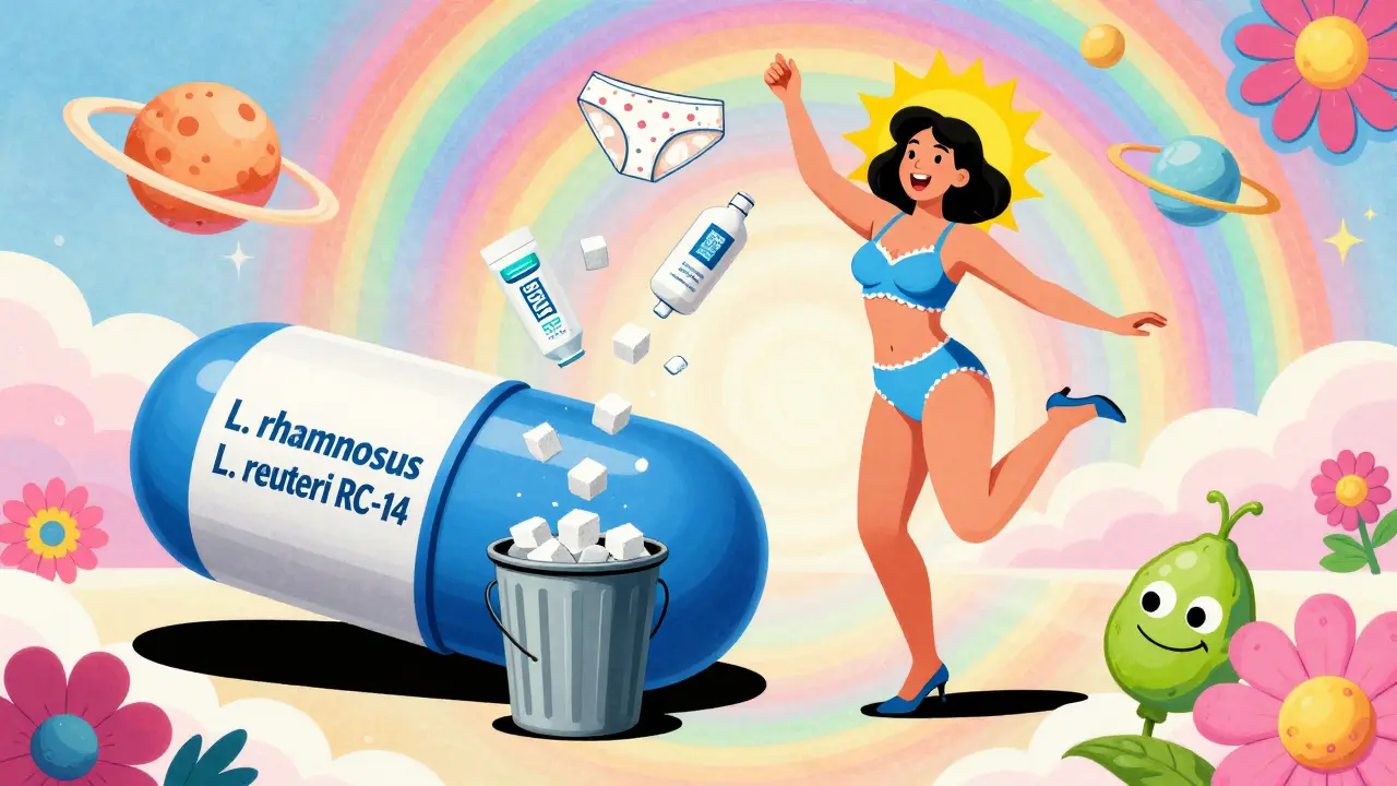 Woman dancing with probiotics and throwing away sugar, surrounded by floating antifungals and cotton underwear in vibrant Peter Max art.