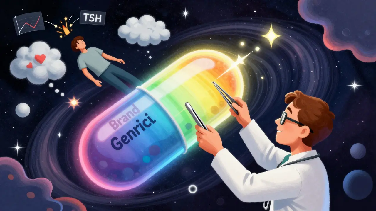 A doctor adjusting a glowing thyroid pill as the patient floats amid TSH graphs and fatigue clouds in vibrant colors.