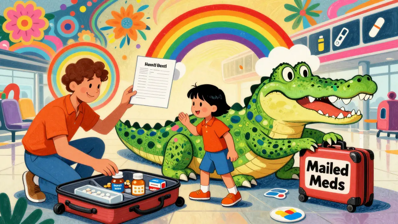 A family packing meds safely while avoiding a sneaky suitcase being eaten by a customs crocodile, in vibrant pop art style.
