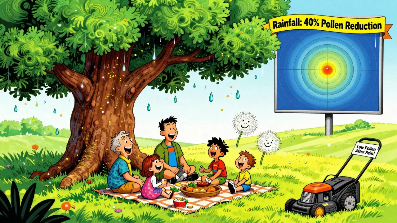 A family picnicking under a tree as rain washes away pollen, with cheerful children and a weather radar in the background.