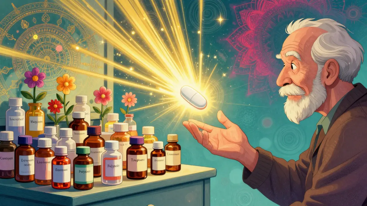 A glowing single pill transforms cluttered medicine bottles into flowers under radiant light.