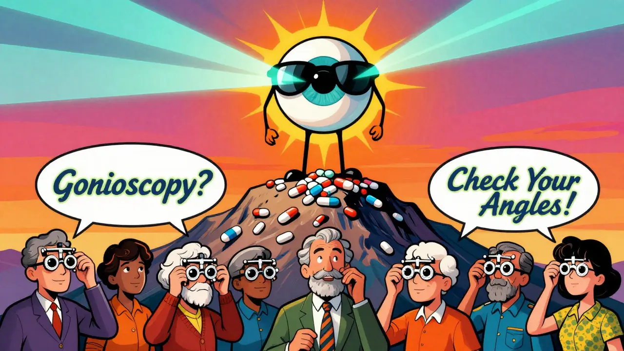 A heroic eye on a mountain of pills, with people asking about eye exams under a radiant psychedelic sky.