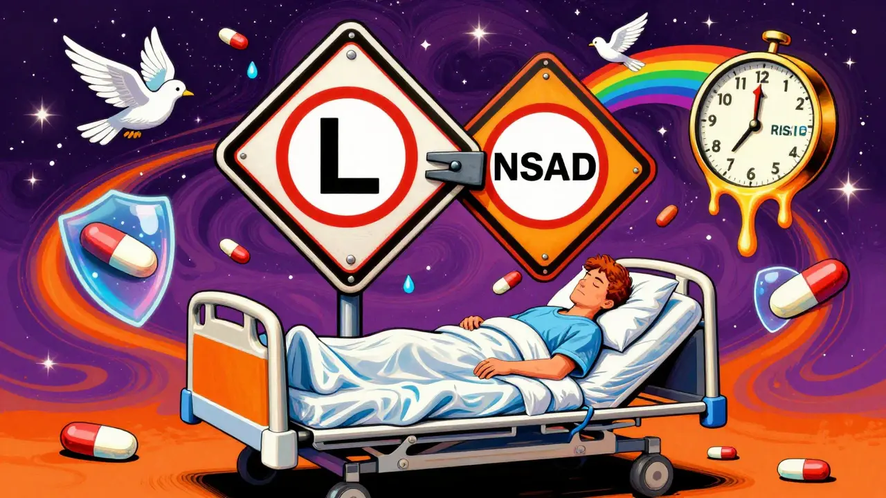 A hospital bed as a warning sign with lithium and NSAIDs in battle, while acetaminophen doves and water shields protect the patient.