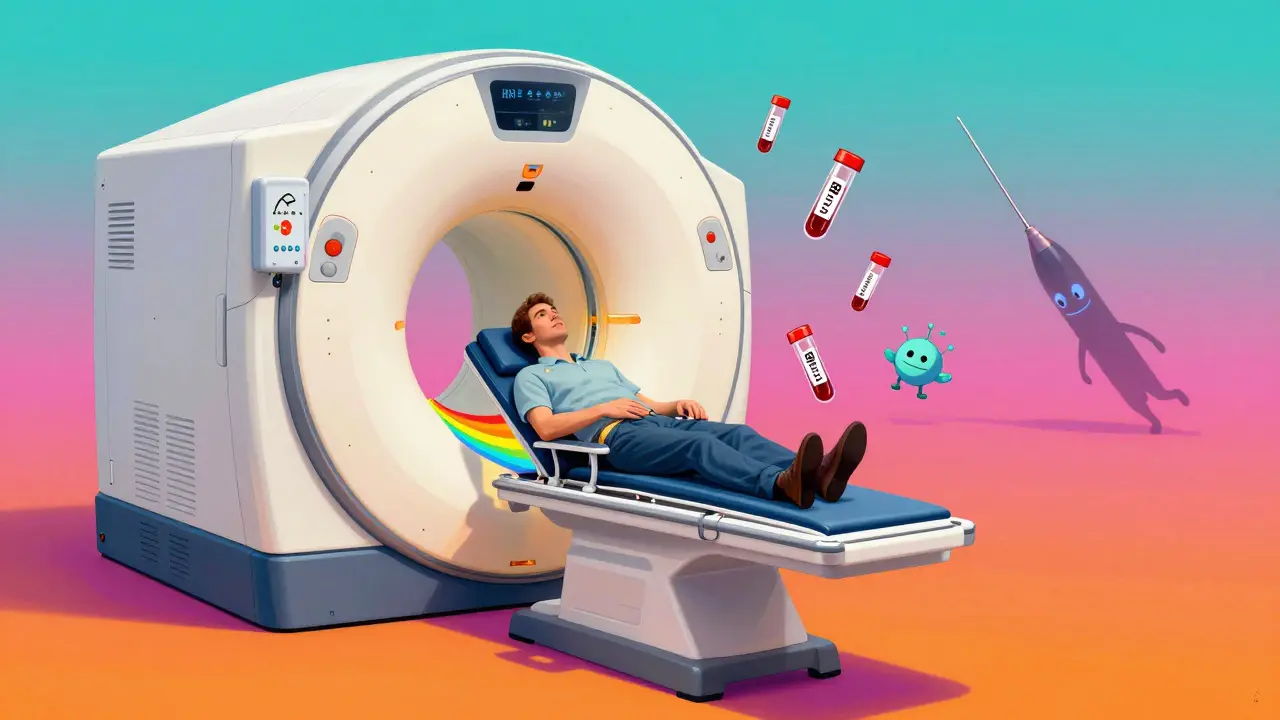 A man being scanned by a rainbow MRI machine while friendly blood test vials dance around him