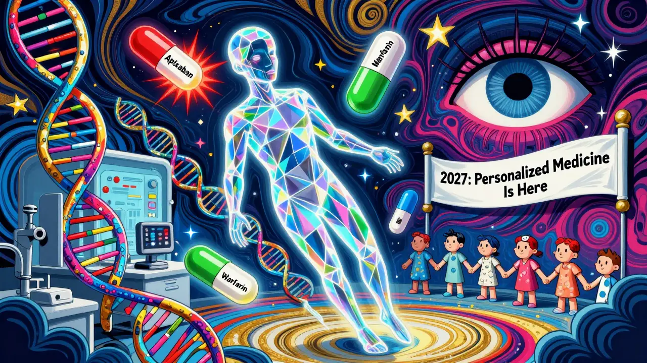 A patient's digital twin floats with DNA helixes and drug capsules, one glowing green and one red, watched by a starry eye in a psychedelic lab scene.