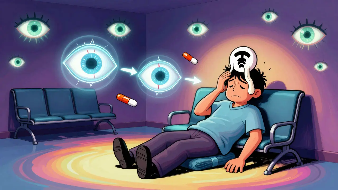 A patient in an ER surrounded by floating eye diagrams and dangerous medication symbols in psychedelic style.