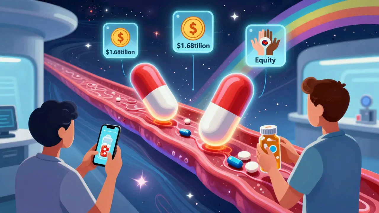 A patient scans a pill bottle to see 3D drug molecules dissolving in a glowing bloodstream.