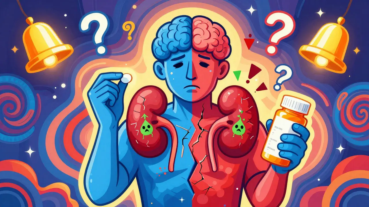 A patient split between calm and toxic states, holding lithium and ibuprofen, surrounded by psychedelic warning patterns.