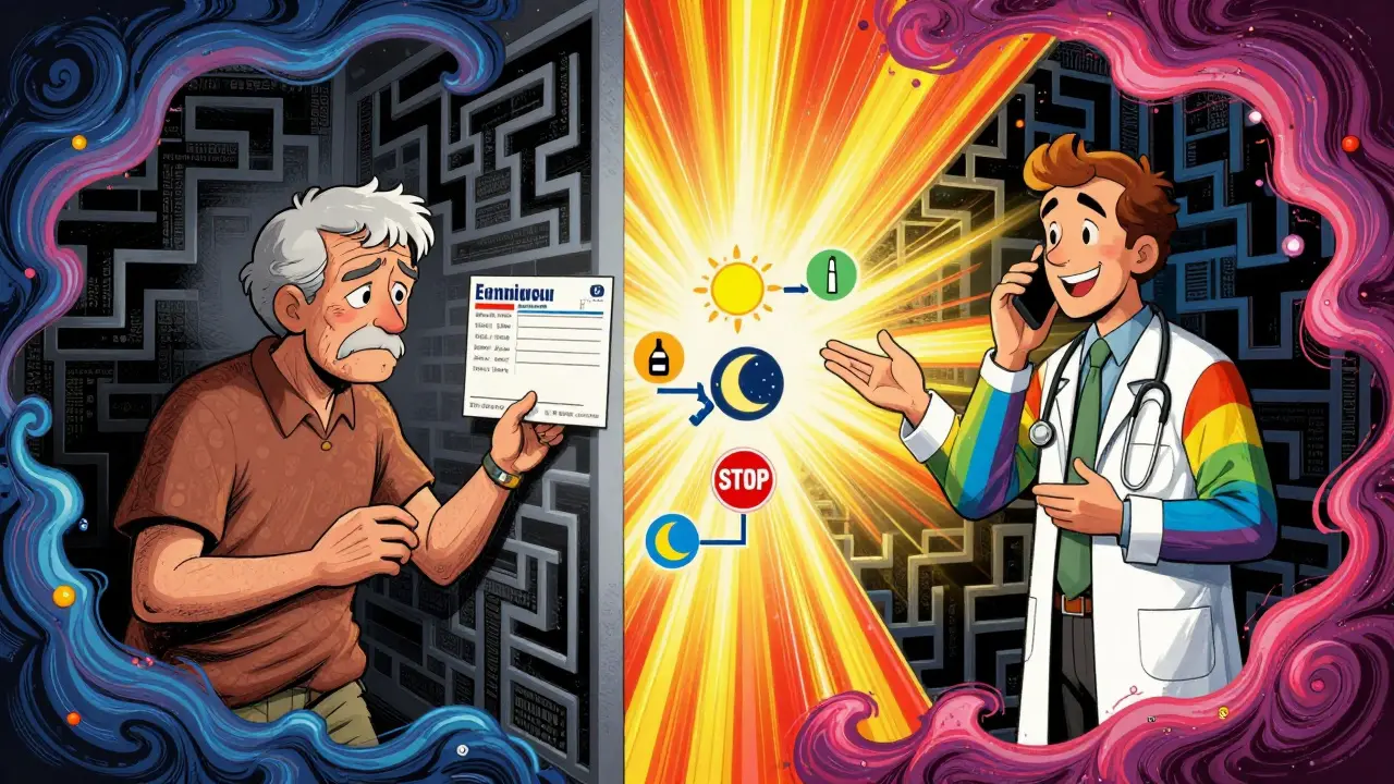 A patient transitions from confusion with English-only labels to clarity with colorful medical icons and a professional interpreter.