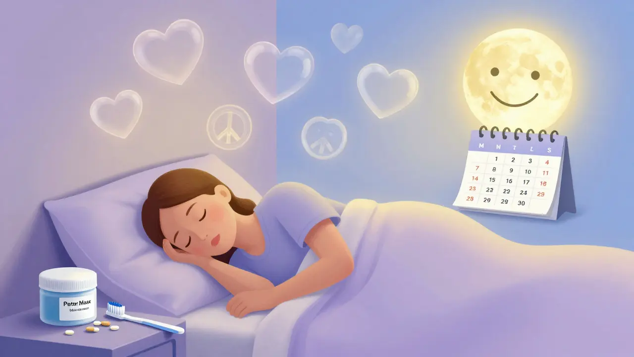 A peaceful bedroom with a labeled pill box beside a toothbrush, glowing hearts replacing fear, and synced refill dates under a smiling moon.