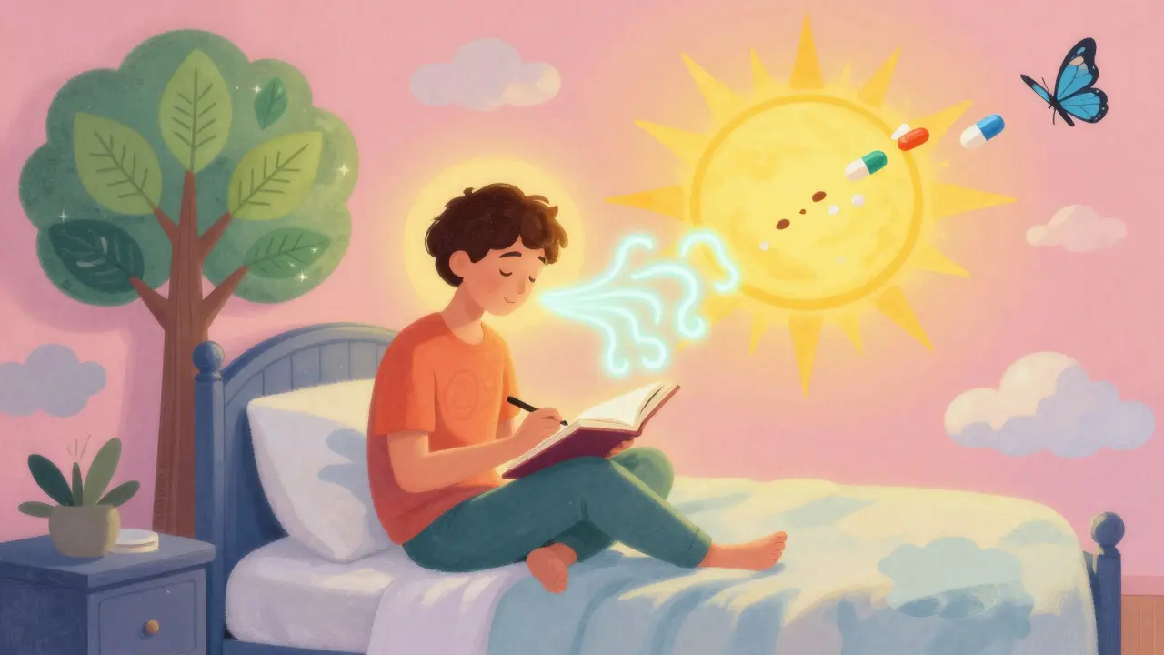 A person meditates in a moonlit room with healthy sleep symbols, while dissolving pills turn into butterflies in a peaceful, radiant scene.