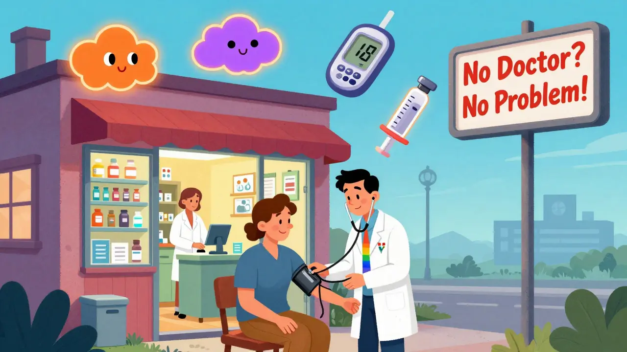 A pharmacist checks blood pressure in a rural pharmacy with floating pill clouds and a 'No Doctor? No Problem!' sign.