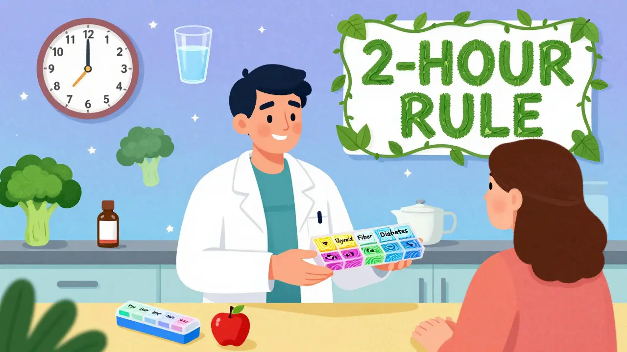 A pharmacist giving a color-coded pill organizer with water glasses and a 2-hour rule sign.